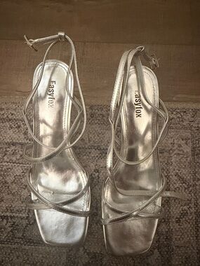 Amazon Metallic Silver Strappy Square-Toe Heels for Women